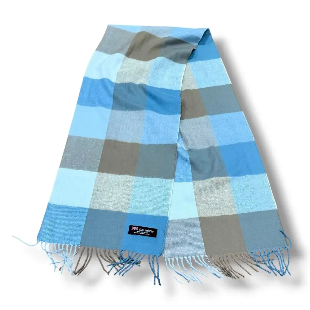 Unisex 100% Cashmere Fringe Blue Plaid Rectangle Scarf -Made in Scotland Classic